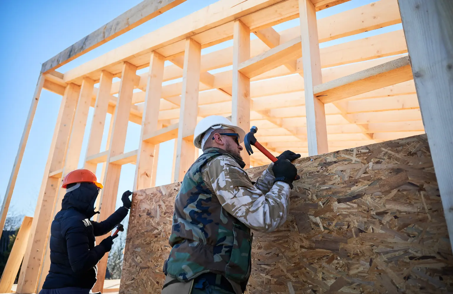 Carpenters framing a wood wall