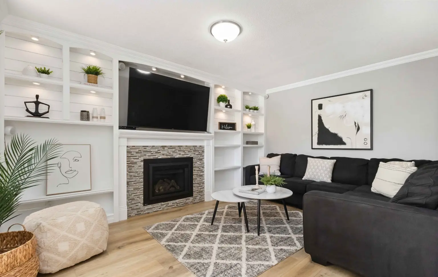 Built-in shelving and fireplace
