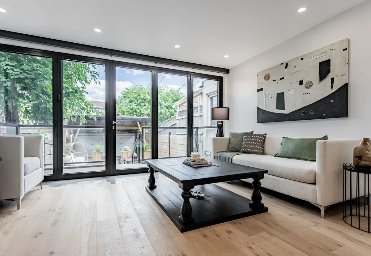 Living room with black-framed glass doors