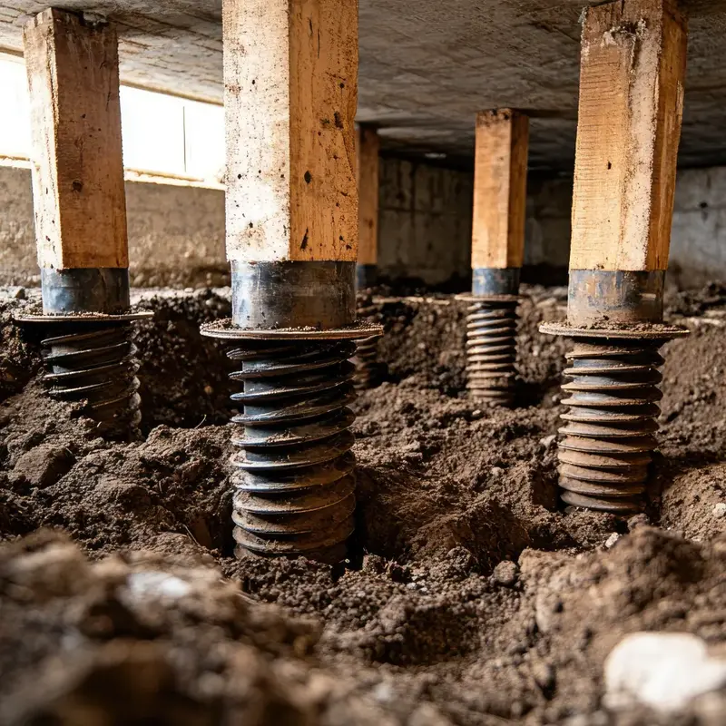Steel push piers supporting a foundation beneath a house