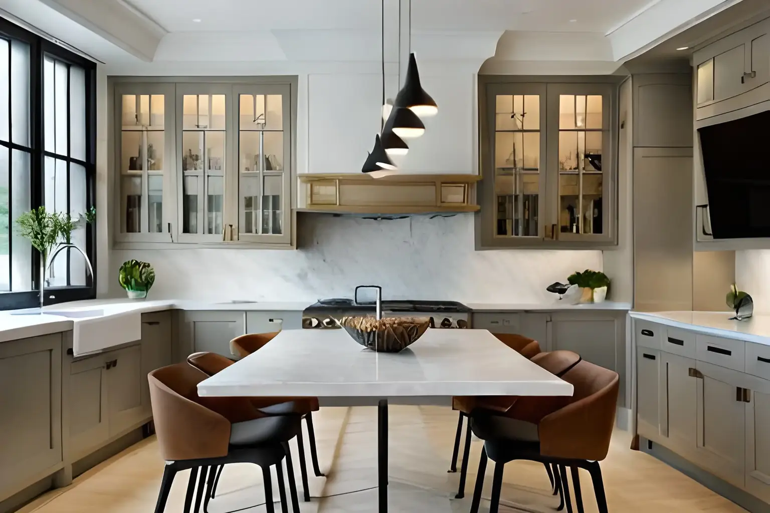 Kitchen and dining room with black-framed windows