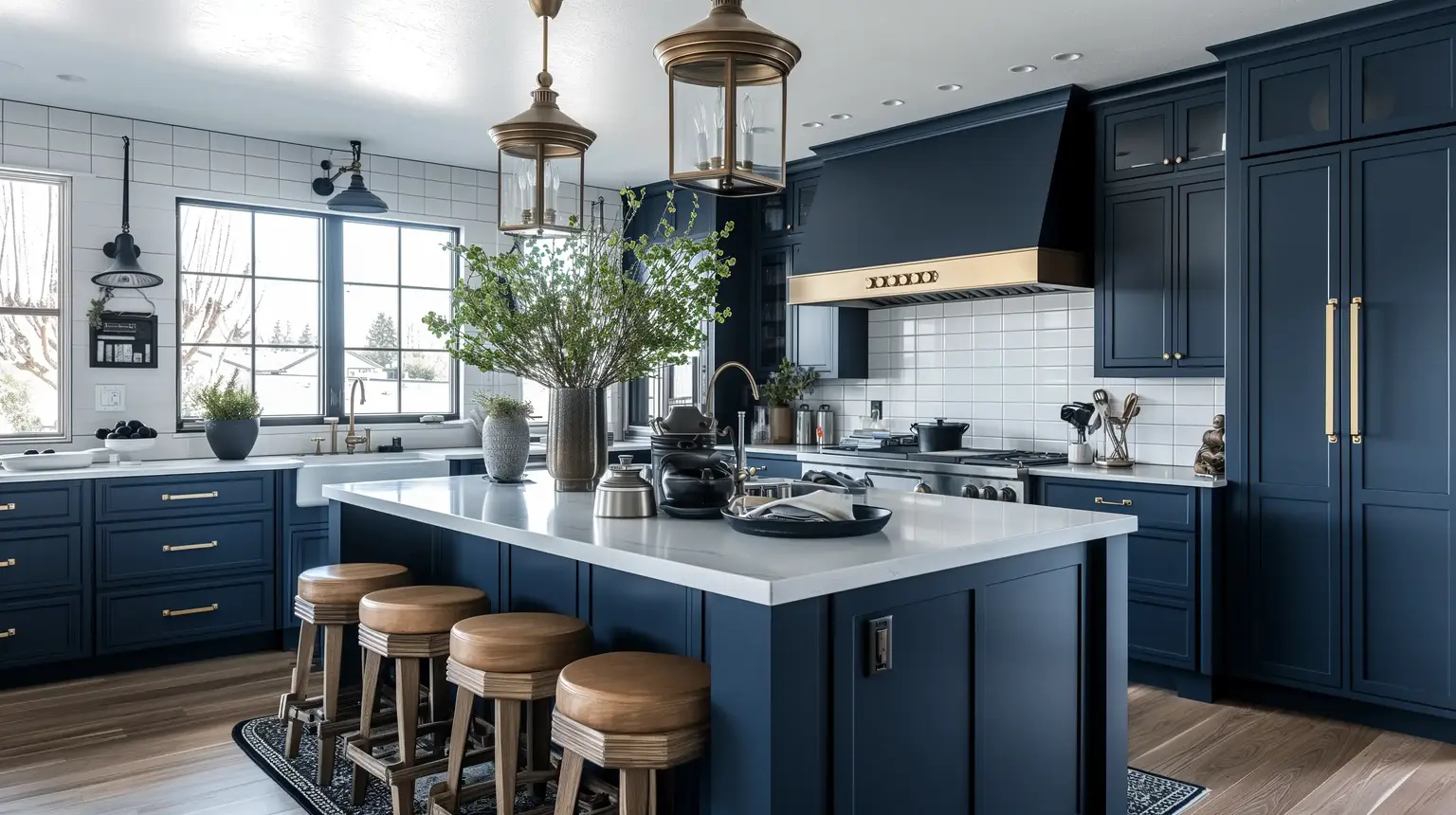 Navy kitchen with a marble island and brass pendants