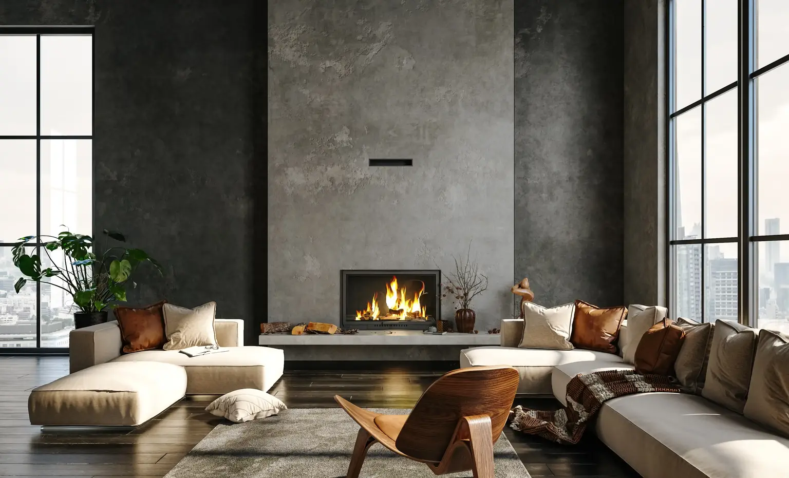 Luxury living room with a concrete fireplace wall
